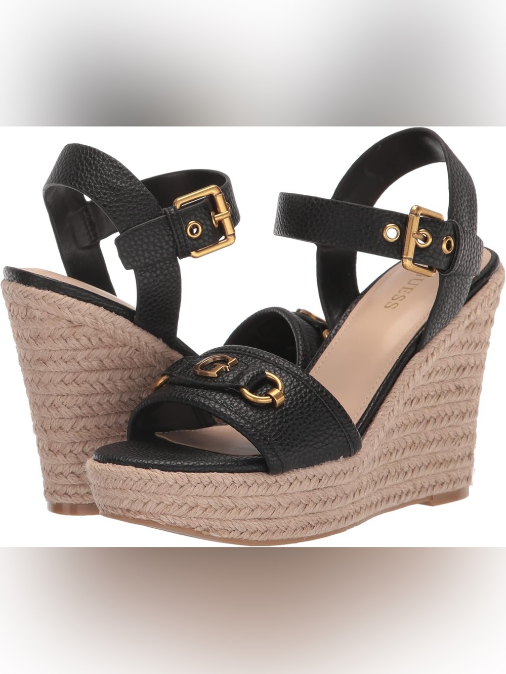 GUESS Hisley Black Gold Faux Leather Espadrille Sz 11 BNWB